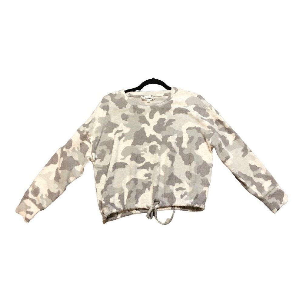 Gray White Camouflage Print Drawstring Hem‎ Pullover Sweatshirt Medium